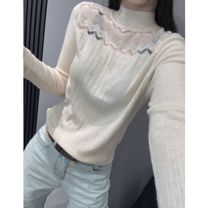 半高领针织衫长袖女秋冬款蕾丝镂空修身内搭毛衣打底性感微透上衣
