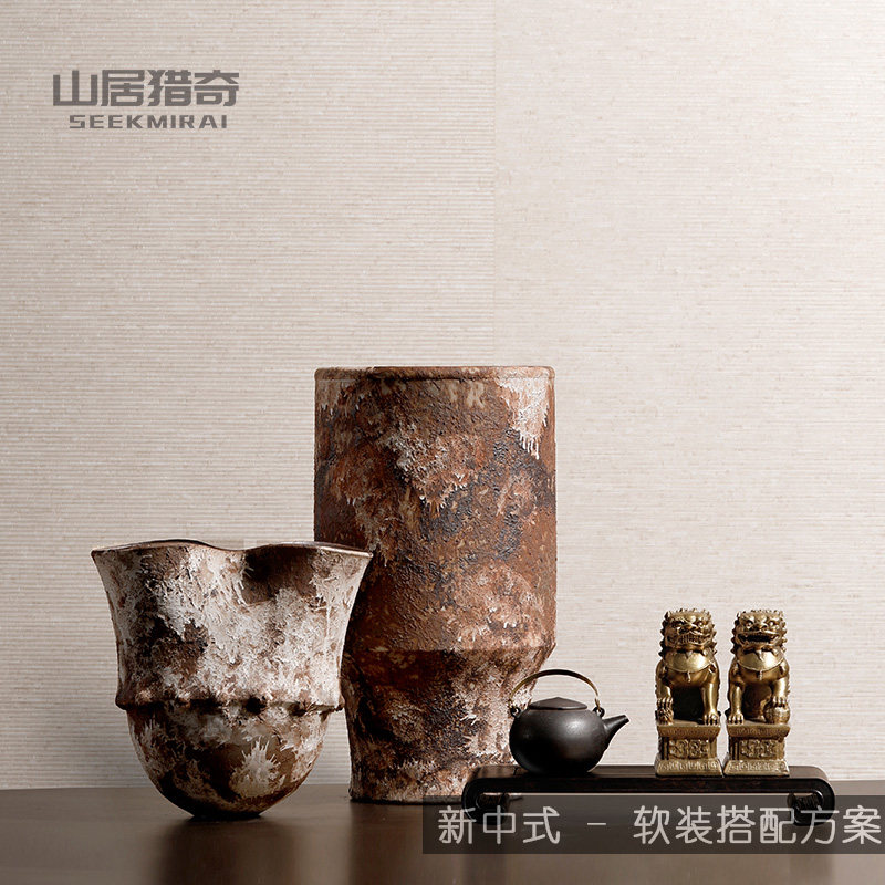 中式复古景德镇陶瓷花瓶粗陶花器创意茶壶托盘铜狮子摆件软装搭配
