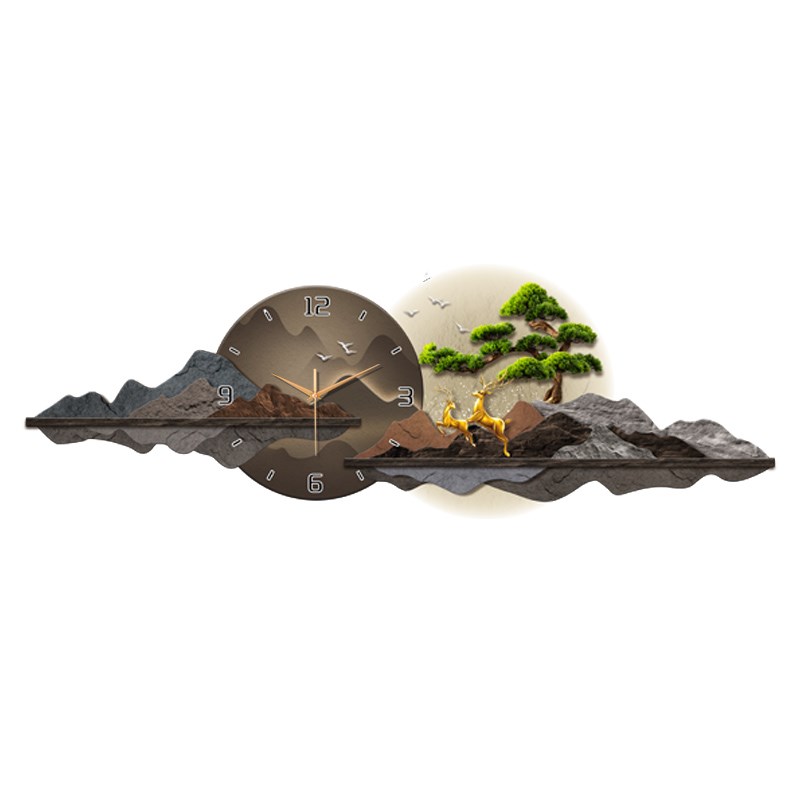 迎客松餐厅山水装饰画钟表挂墙挂钟LED灯画饭厅挂画客厅麋鹿时钟