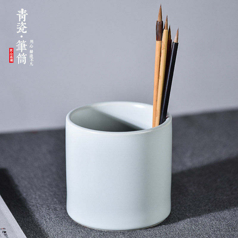 明月陶瓷笔筒大容量桌面收纳盒复古中国风毛笔钢笔圆形笔筒礼盒装