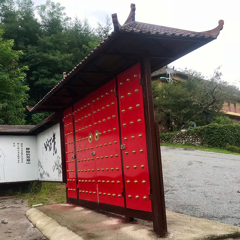 定做仿古屋檐中式飞檐东阳木雕装饰假门头翘脚彩绘实木古建筑门楼