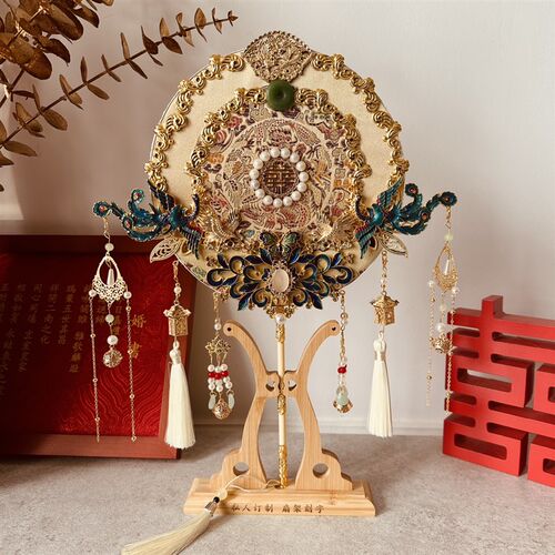 结婚团扇秀禾婚礼喜扇出嫁手工宫扇子双面蓝色秀禾新娘diy材料包