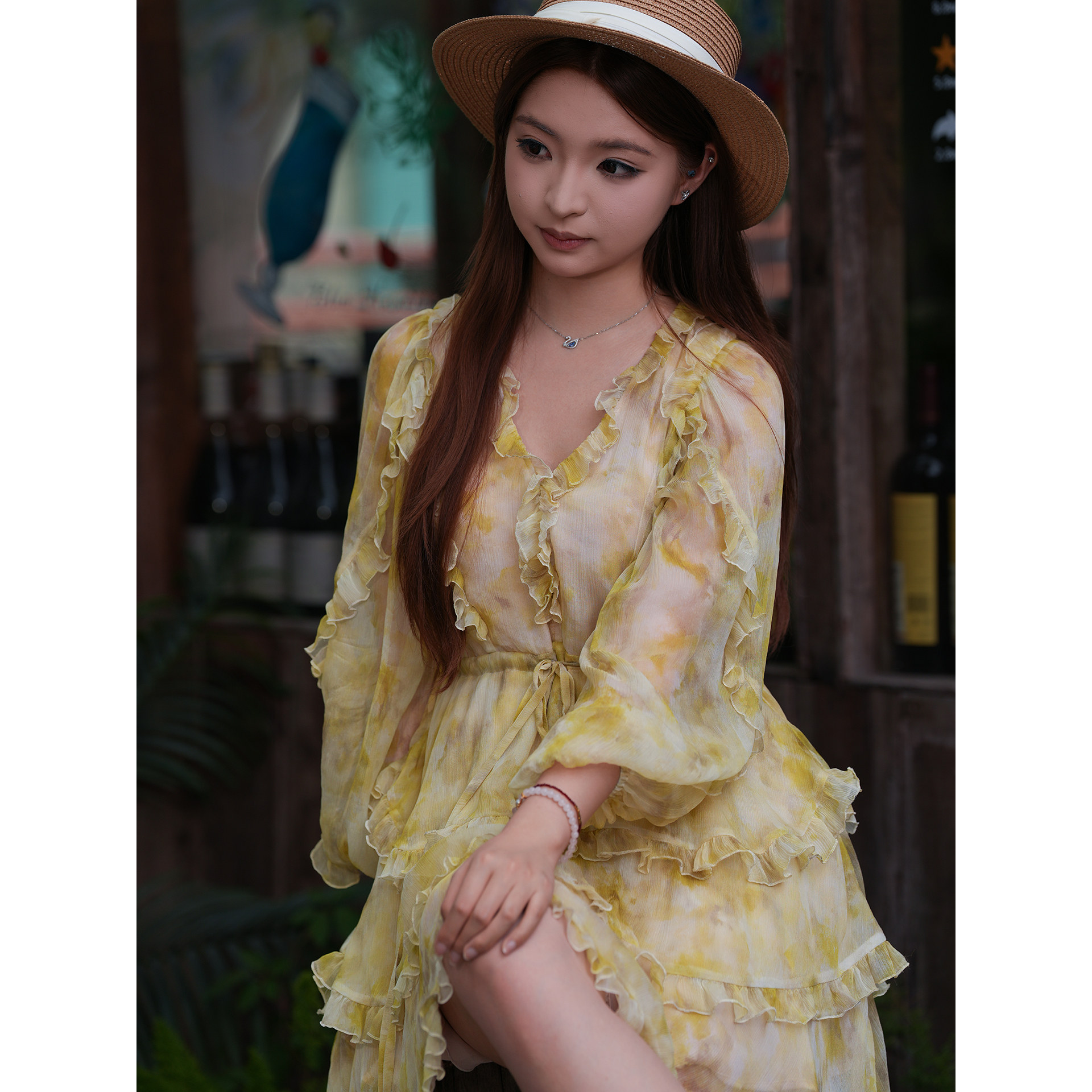 法式浪漫风桑蚕丝黄色荷叶边连衣裙女夏轻奢减龄度假调节腰带