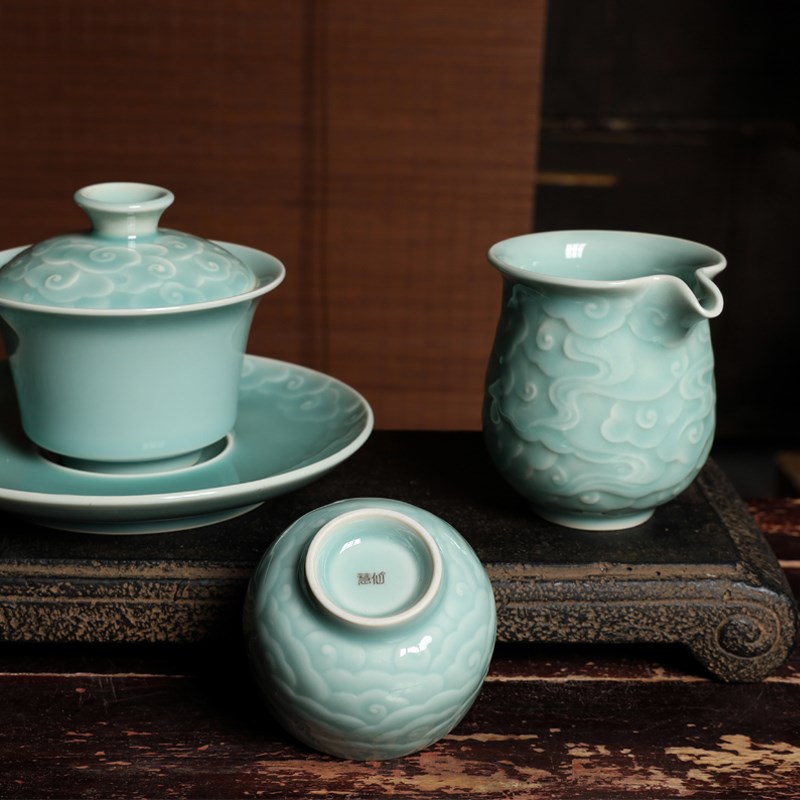 祥云盖碗茶杯公道茶具套装办公室家用中国风青瓷功夫茶杯茶壶整套