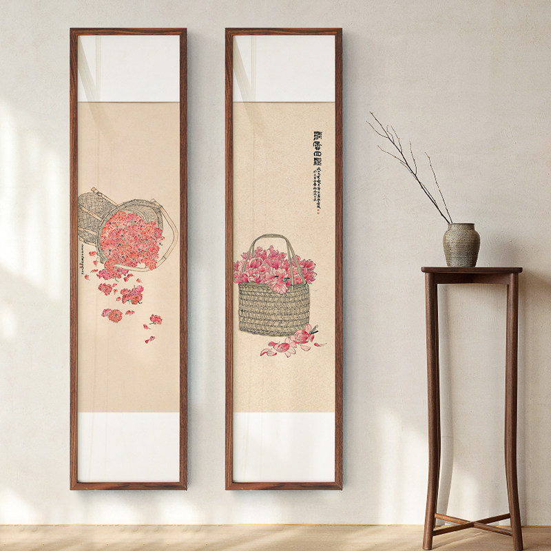 玄关竖版装饰画四条屏花卉工笔走廊过道沙发背景墙卷轴新中式挂画