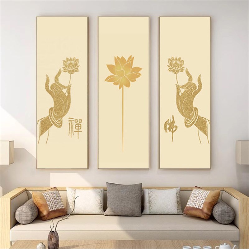 禅意佛手莲花客厅装饰画中式茶室背景墙壁画办公室组合画书房挂画