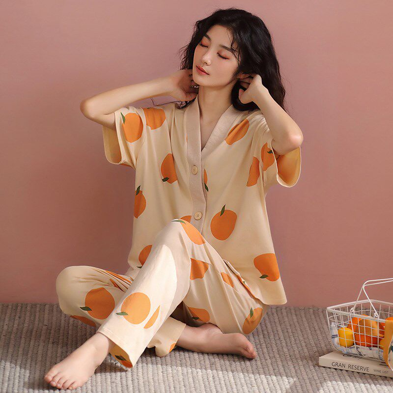女士睡衣春夏季薄款纯棉短袖长裤月子开衫甜美家居服夏天宽松套装