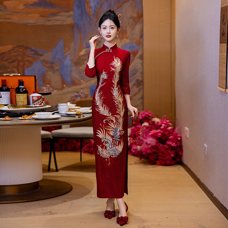 红色结婚新中式旗袍敬酒服新娘长款订婚秋冬回门出阁宴礼服裙长袖