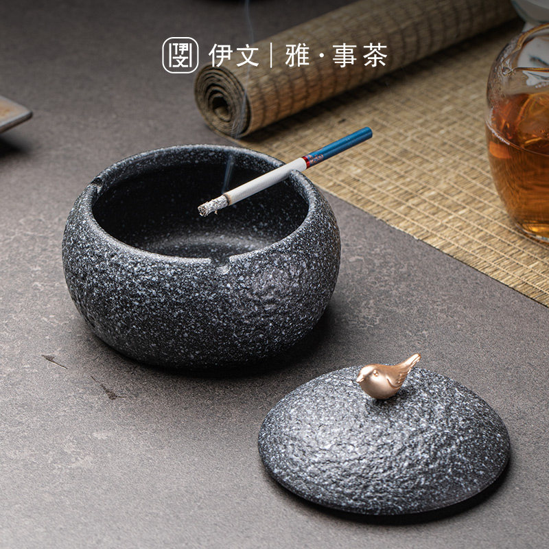 石头釉烟灰缸带盖防风高档办公室客厅创意摆件防风烟缸防飞灰家用