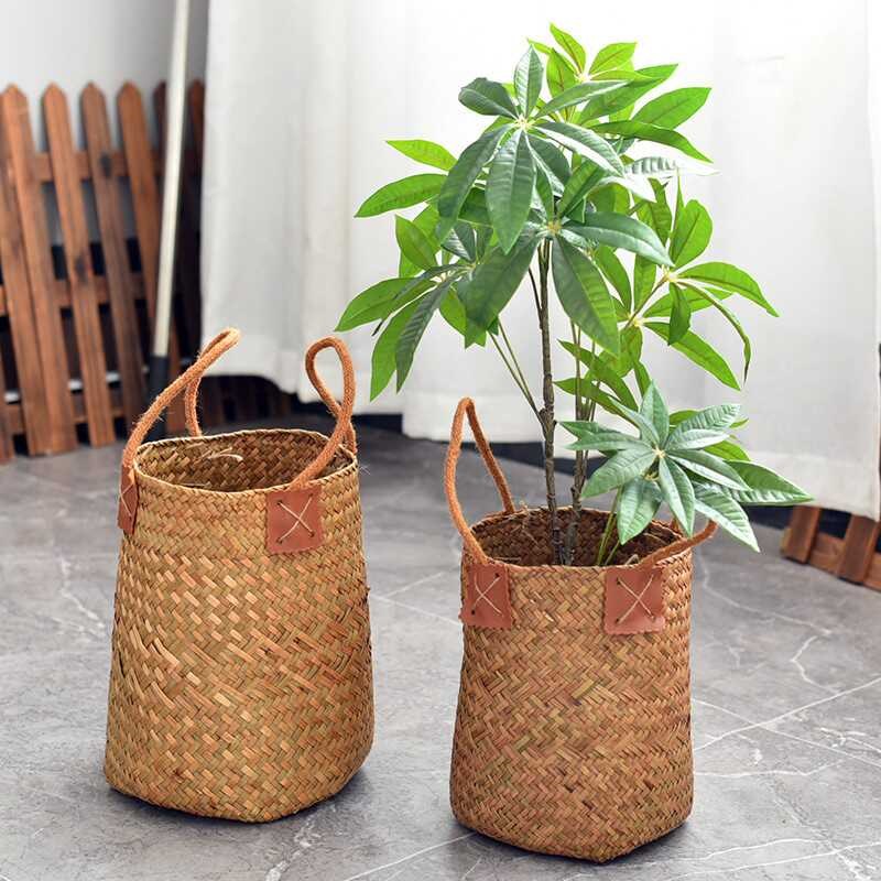 海草编织手提花篮藤编插花干花提包田园手工花盆竹编客厅摆件装饰图片