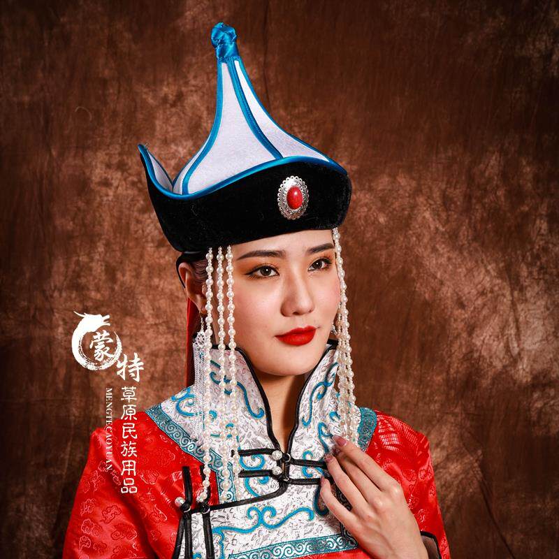 蒙古族舞蹈头饰帽子 蒙古女帽白色串珠款表演服装配饰