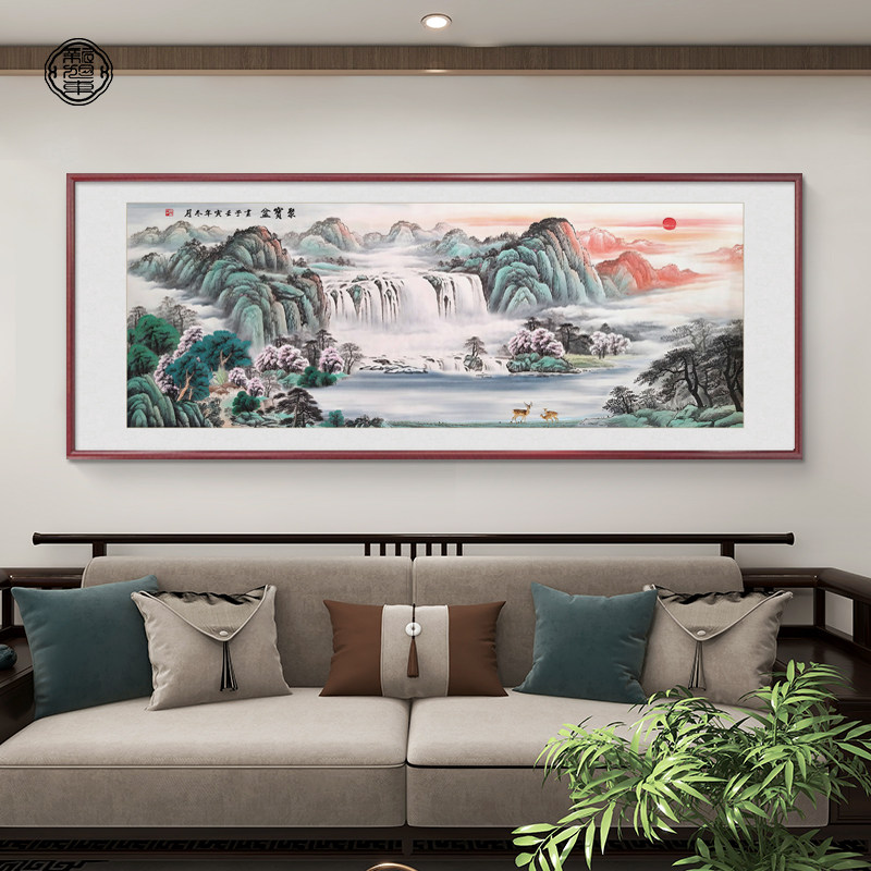 聚宝盆山水画客厅挂画新中式沙发背景墙东墙办公室聚财国画手绘
