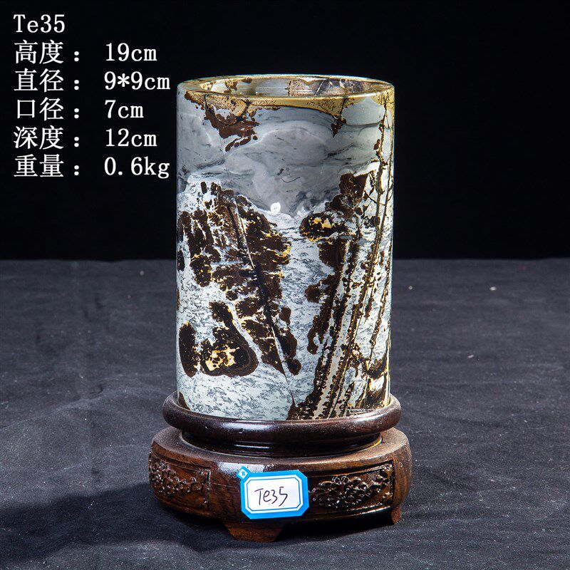 内有多款草花石国画石奇石工艺品黑檀木旋转底座矮圆柱笔筒圆珠笔