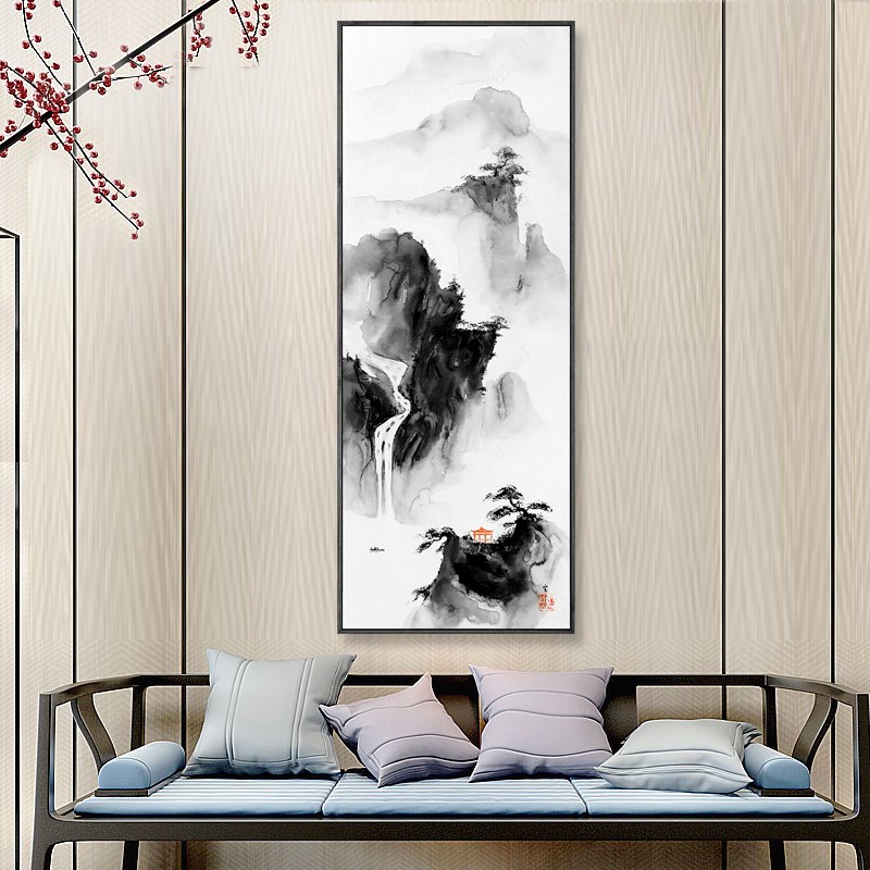 水墨宣言 新中式水墨山水装饰画茶室书房墙画玄关走廊竖长形挂画