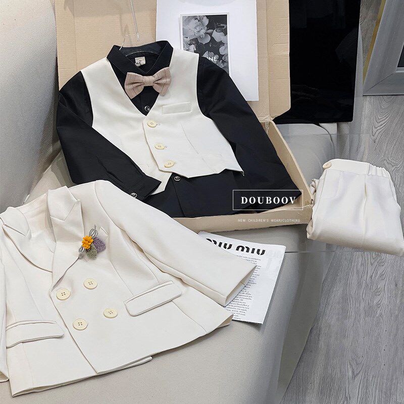 男童西装礼服2024新秋儿童英伦风白色西服套装男生周岁礼服演出服