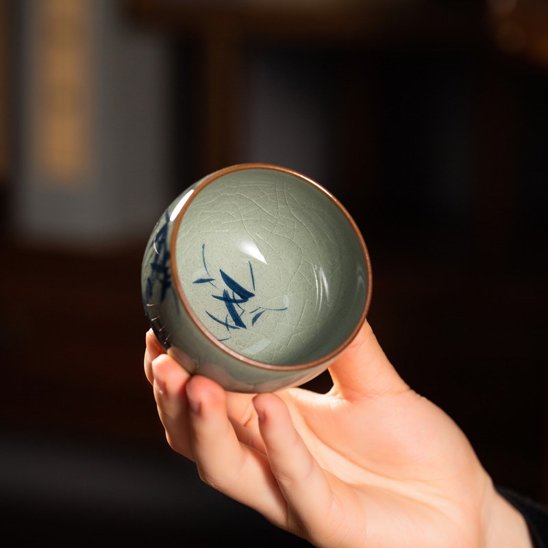 老泥料手绘竹子品茗杯 釉下彩青花茶杯 复古茶具纯手工个人专用杯
