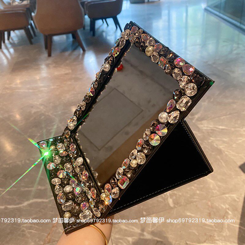 镶钻新镜子化妆镜台式桌面女随身便携折叠梳妆台家用新款宿舍画妆