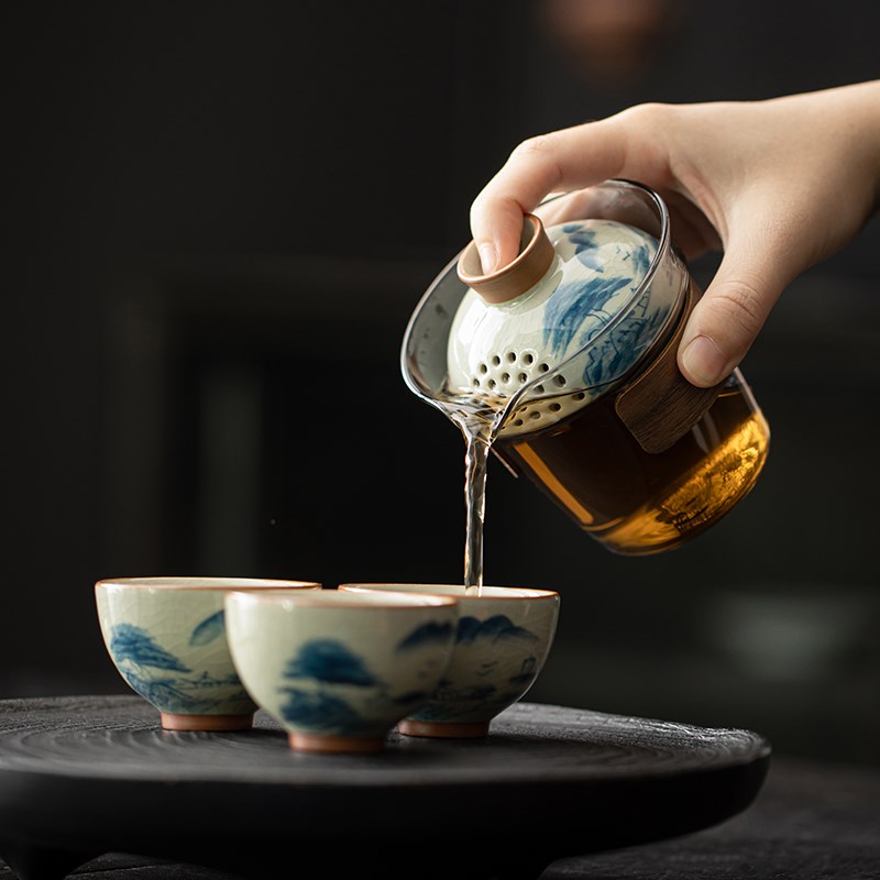 旅行茶具套装手绘山水快客杯个人专用一壶三杯户外便携式功夫茶杯