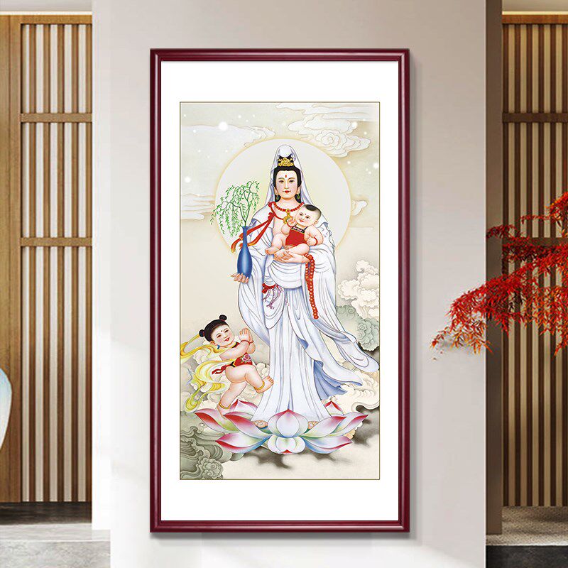 观音佛祖菩萨玄关画送子观音新中式客厅装饰画书房茶室壁画挂画