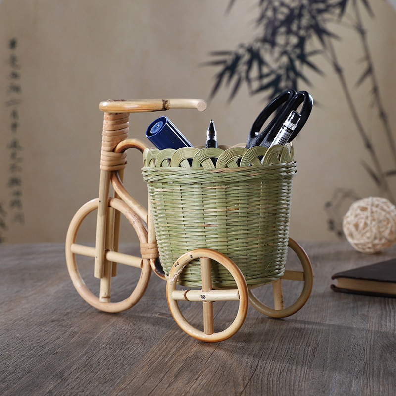 三轮小竹篮手工藤制品桌面摆件收纳篮笔筒竹编制品创意工艺品道具图片