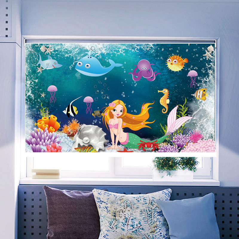 海洋世界海底风景生物儿童房卧室浴室厨房遮阳升降免打孔卷帘窗帘