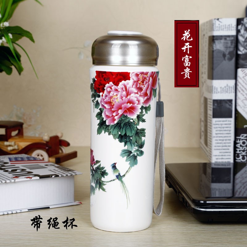 可定制 LOGO陶瓷保温杯青花鸟水杯礼品茶杯双层高白瓷送礼佳品