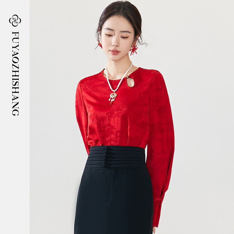 FUYAO扶摇 中国风盘扣衬衫女春季新中式红色提花圆领复古小衫上衣