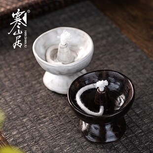 寒山居手工捏陶瓷酥油灯复古香油灯盏佛前供灯禅意茶室灯烛台摆件