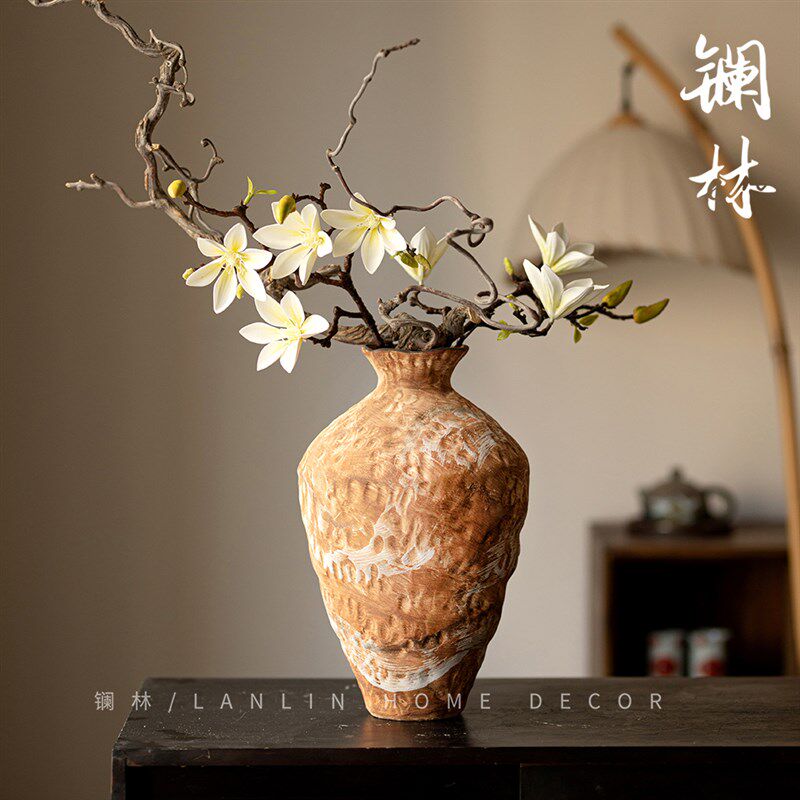 新中式复古陶瓷花瓶景德镇侘寂风手工粗陶罐禅意花器摆件橘子洲头