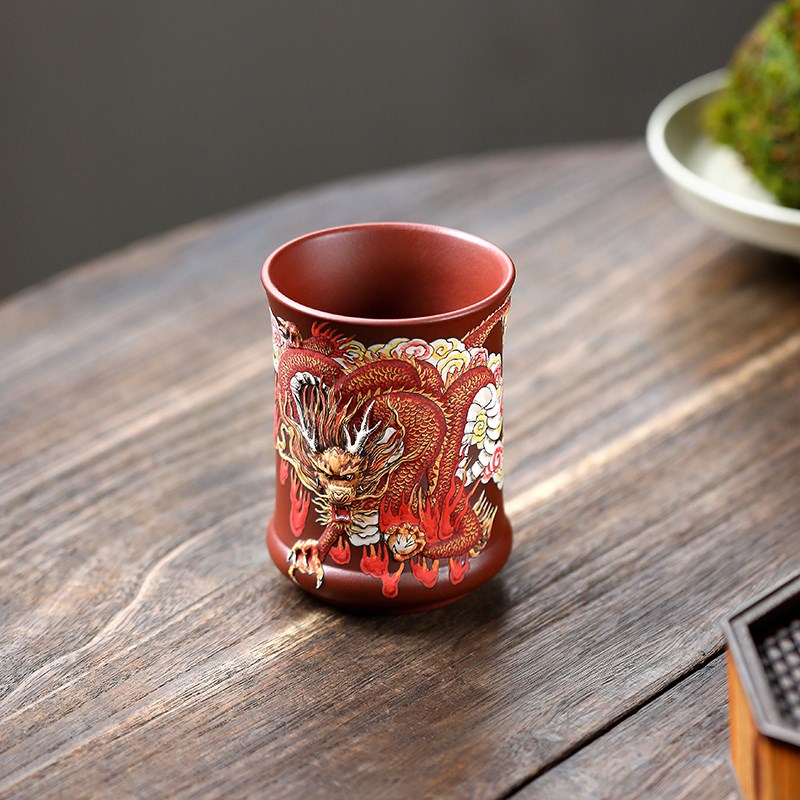 精品 名家泥绘大师张小岭 紫砂功夫茶杯小杯品茗杯底槽清主人龙杯