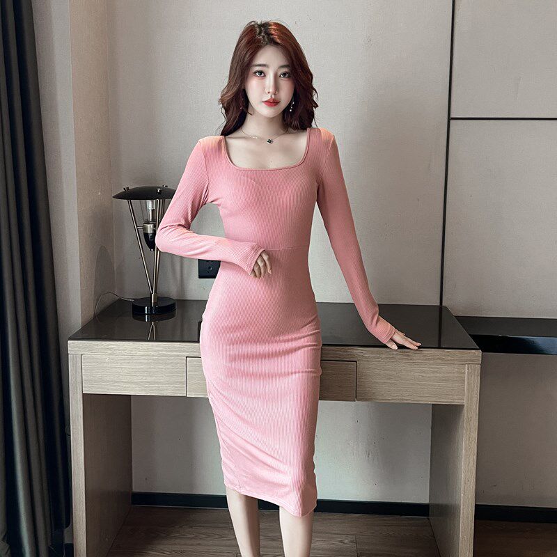 性感显身材U领中长裙紧身包臀连衣裙女2024春装新款内搭打底裙子