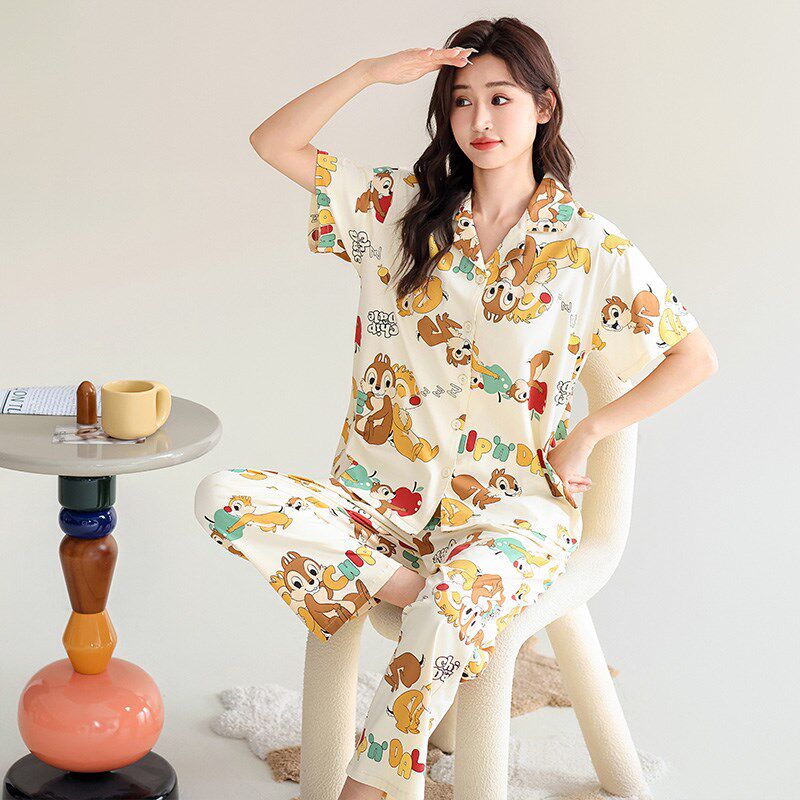 绮宇娜夏季女款睡衣家居服棉氨短袖长裤薄款甜美开衫睡觉穿针织棉