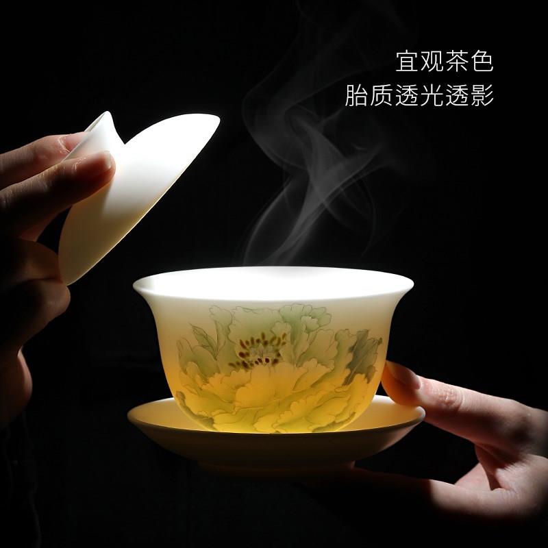 妙莲天香庄晓明大师手绘牡丹三才盖碗高档羊脂玉瓷泡茶专用茶具