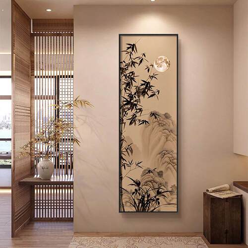 宋代美学竹月玄关装饰画客厅入户背景墙壁画走廊过道对门风景挂画