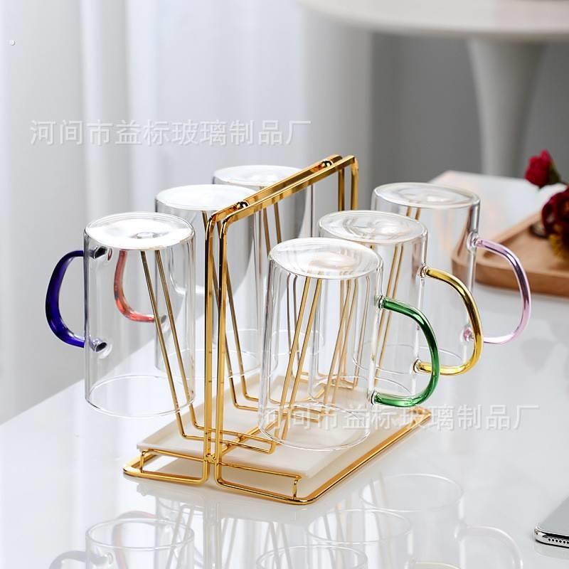 加厚耐热透明水杯茶杯玻璃杯带把模型公杯咖啡杯带盖子简约男士水