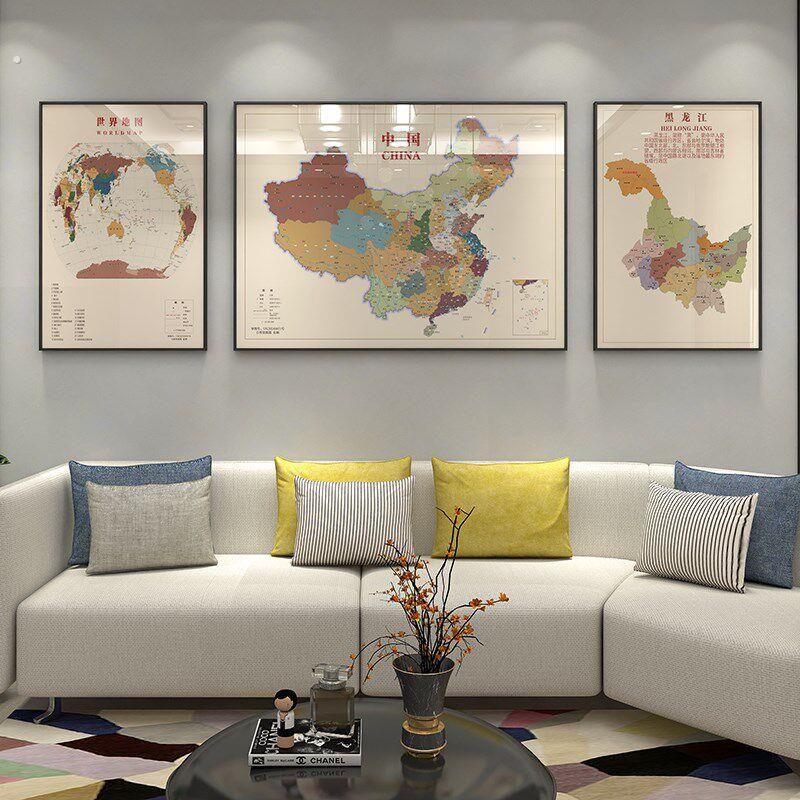 侘寂风现代简约中国世界地图客厅沙发背景墙挂画暖色系三联装饰画