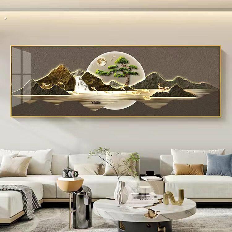 流水生财客厅装饰画山水画新中式沙发背景墙挂画旭日东升山水壁画