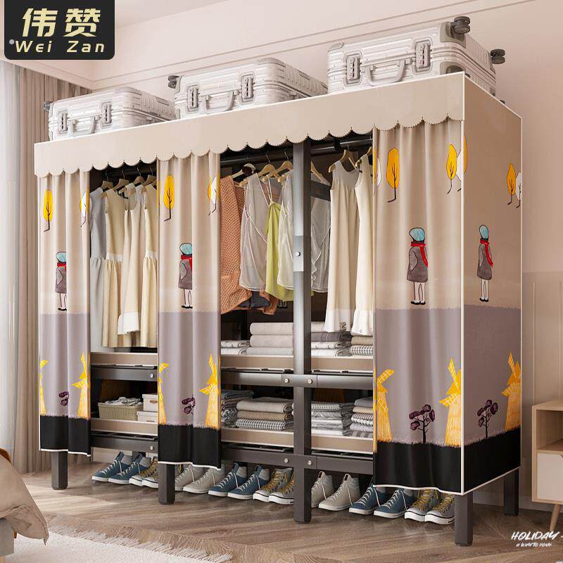 简易衣柜钢架结构布衣柜家用卧室出租房用防尘带外罩衣橱折叠衣柜