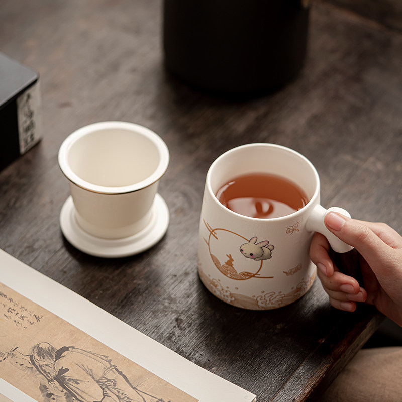 善简茶杯茶水分离带盖过滤陶瓷家用办公室会议个人水杯大容量定制