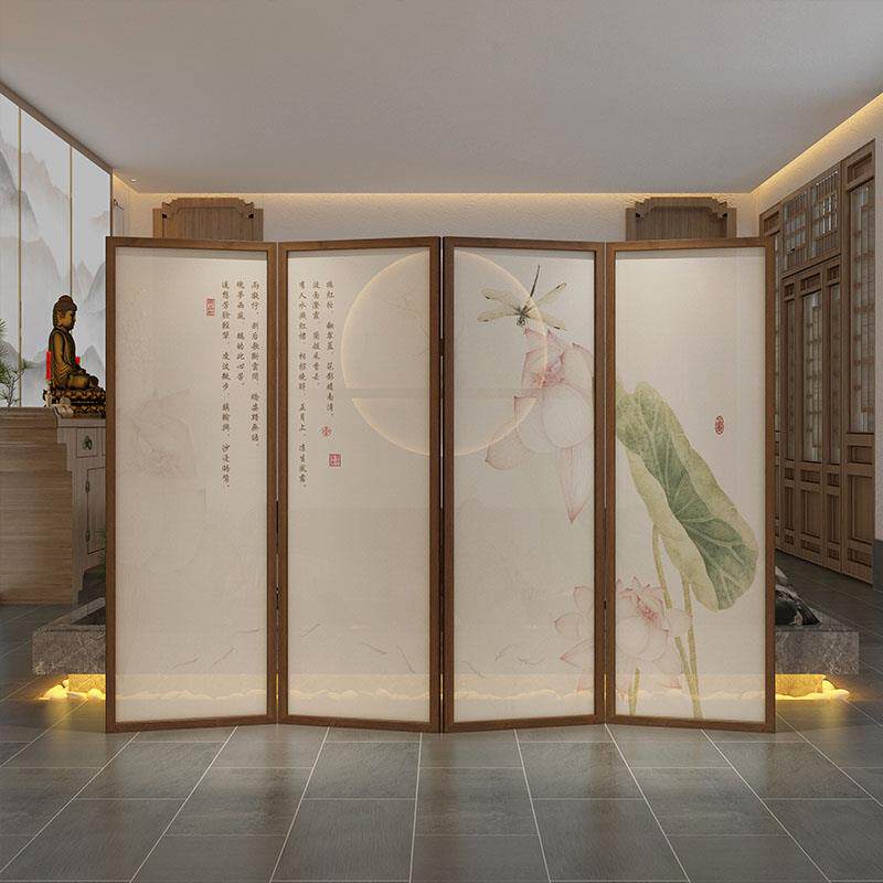 新中式复古禅意画荷花屏风隔断客厅办公室茶店实木折叠移动胡桃木