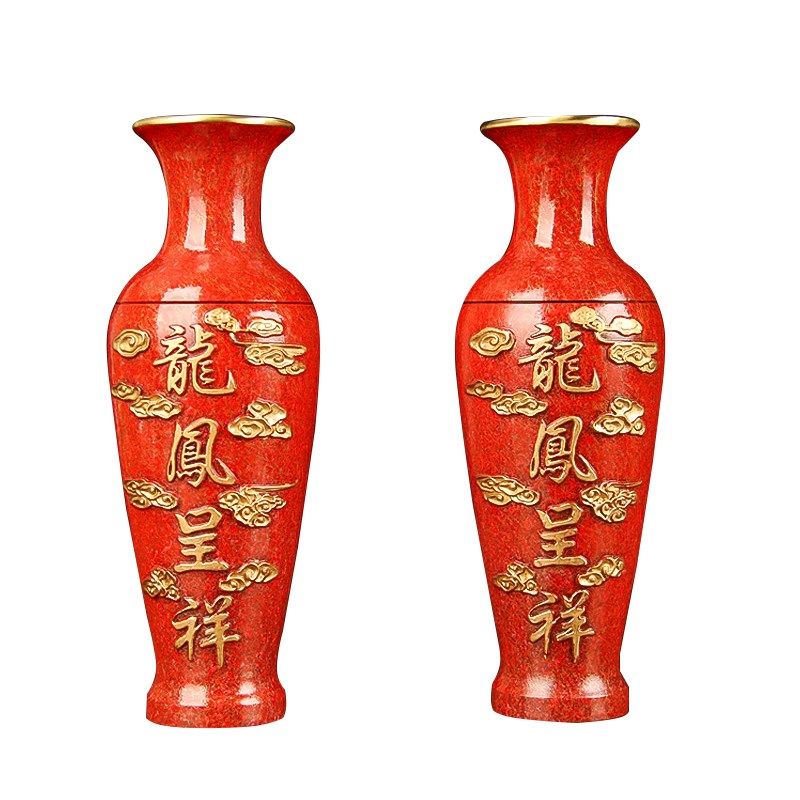 高档龙凤花瓶摆件黄铜花瓶一对铜瓶子龙款凤款花瓶客厅书房摆设
