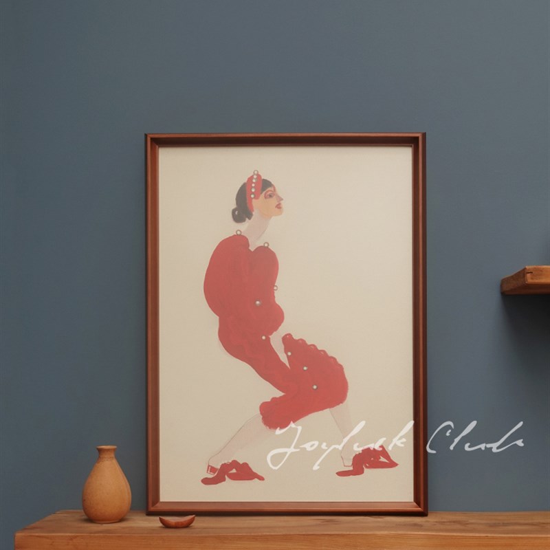 珍珠纽扣中古风挂画小众艺术人物实木框北欧简约客厅设计师装饰画