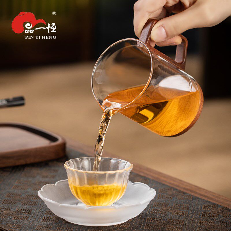 品一恒木把玻璃公道杯耐高温加厚木底分茶器泡茶杯公杯茶漏过滤