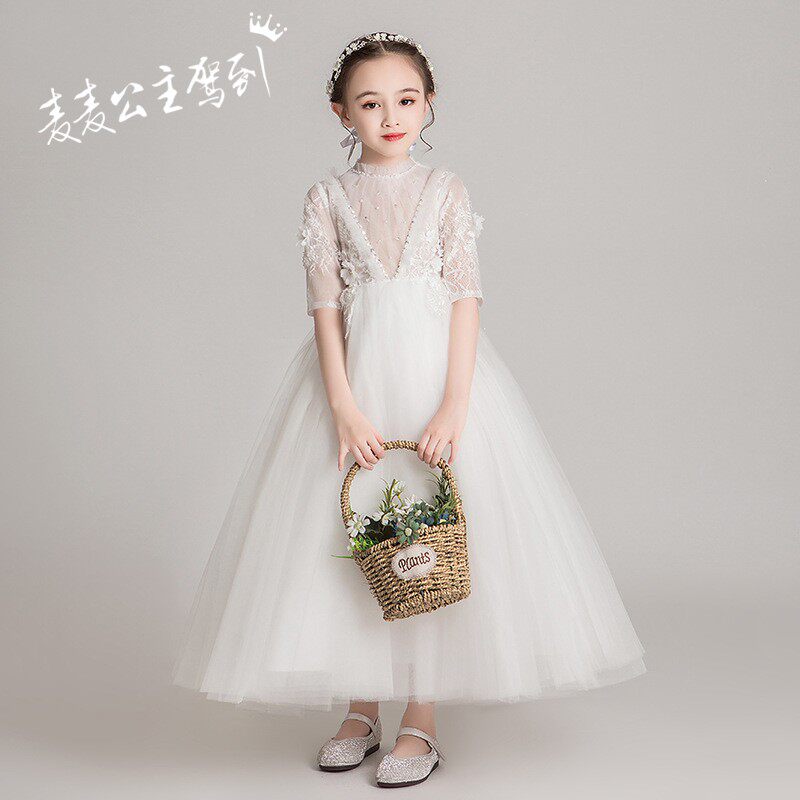 女童长裙白婚纱女童礼服大童拖尾裙子儿童公主裙蓬蓬纱长裙演出服