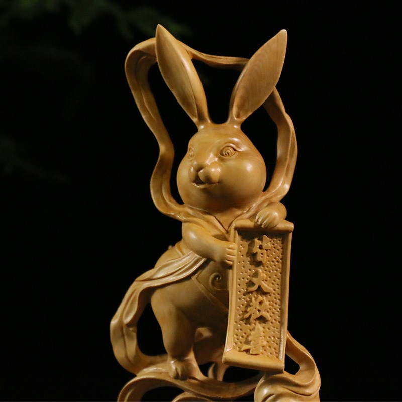 小叶黄杨木雕中式家居饰品雕刻工艺摆件文化礼品生肖兔子大展宏图