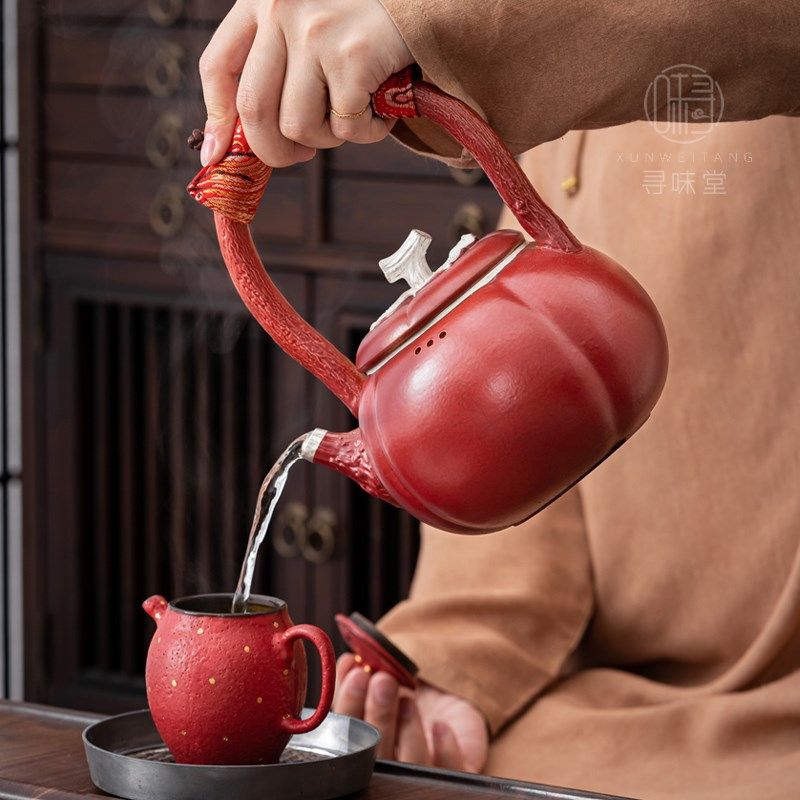 山楂红银彩烧水壶煮茶壶老岩泥提梁壶鎏银陶瓷茶具单壶围炉煮茶