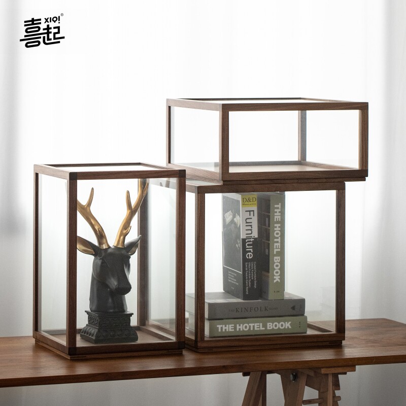 黑胡桃实木玻璃罩式展示盒 模型模型博物馆古董透明防尘罩展示柜