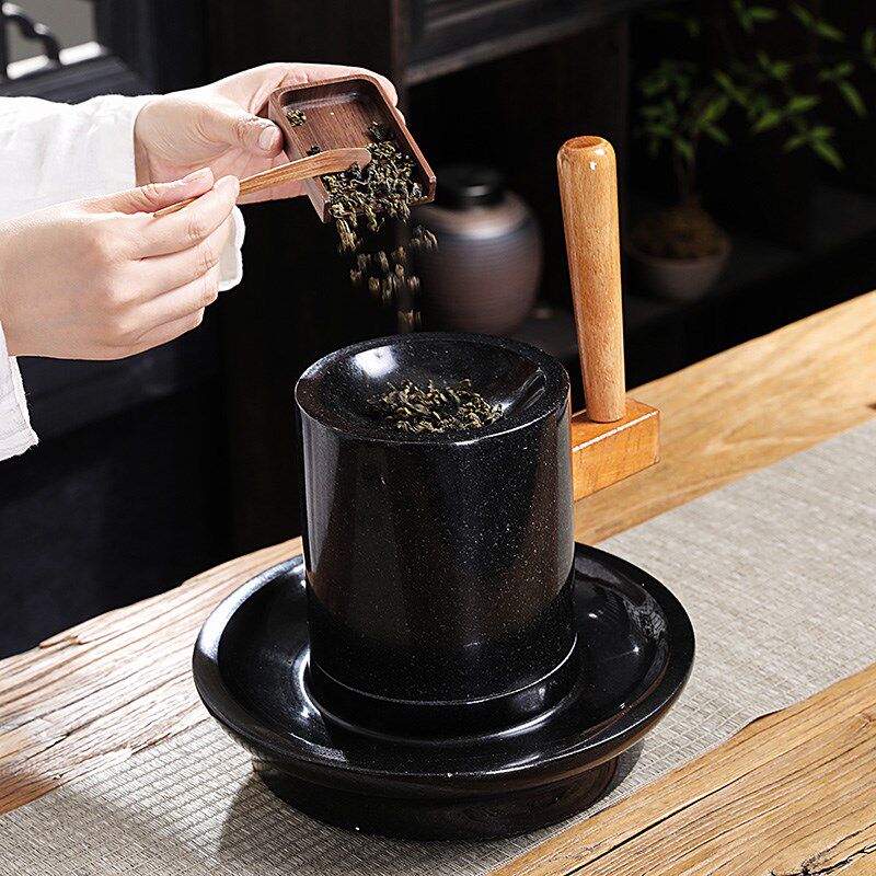 乌金石茶叶磨点茶石磨宋代点茶小茶磨手工磨茶叶小石磨摆件磨茶叶