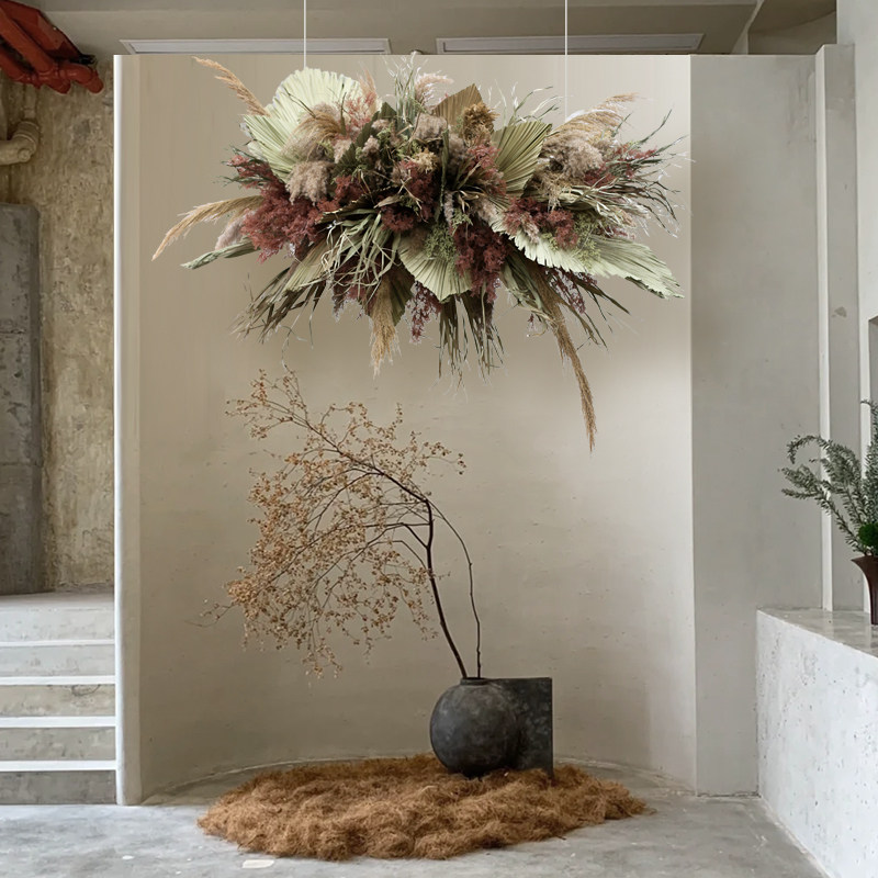 干蒲扇插花橱窗空间花艺吊饰摄影背景道具花卉餐厅酒店挂顶装饰