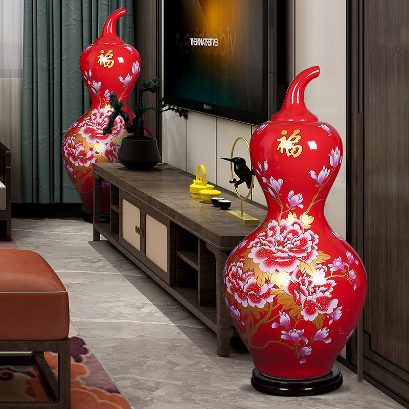 景德镇陶瓷中国红葫芦落地大号花瓶客厅电视柜玄关装饰品公司摆件